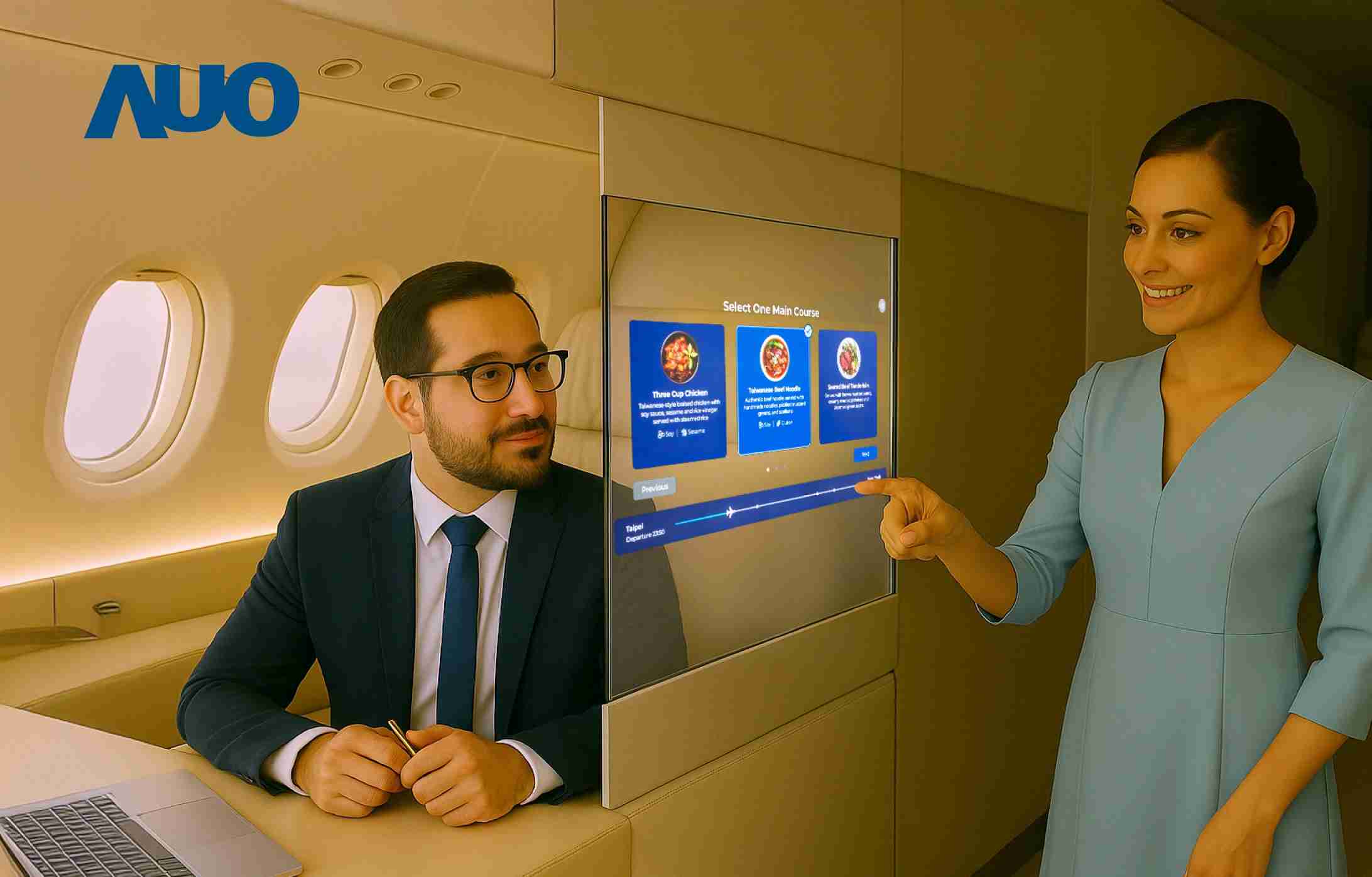 z6mg·人生就是博研发全球最薄17.3 吋双面透明 Micro LED 显示器，，可在同一屏幕之双边投射不同信息，，，，创造独特的”透明化”互动；图为实时翻译交流应用情境